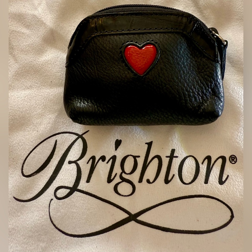 Brighton Black Leather Wallet/ Change Purse with Red Patent Leather Heart Accent